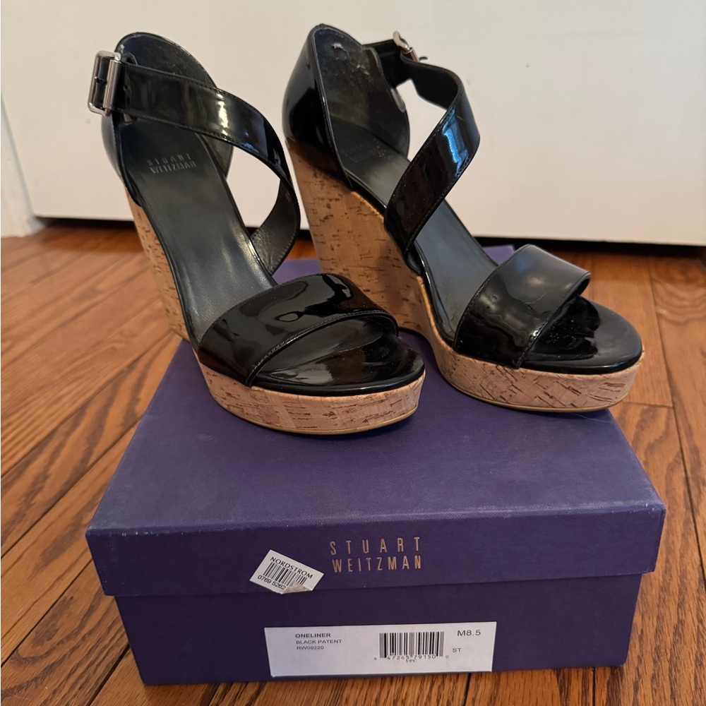 Stuart Weitzman Black Patent Wedge Sandals